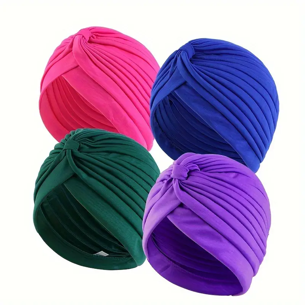 4 pçs/set cor sólida turbante boné elástico cabeça cachecol feminino quimio chapéus casual plissado cabeça envoltório