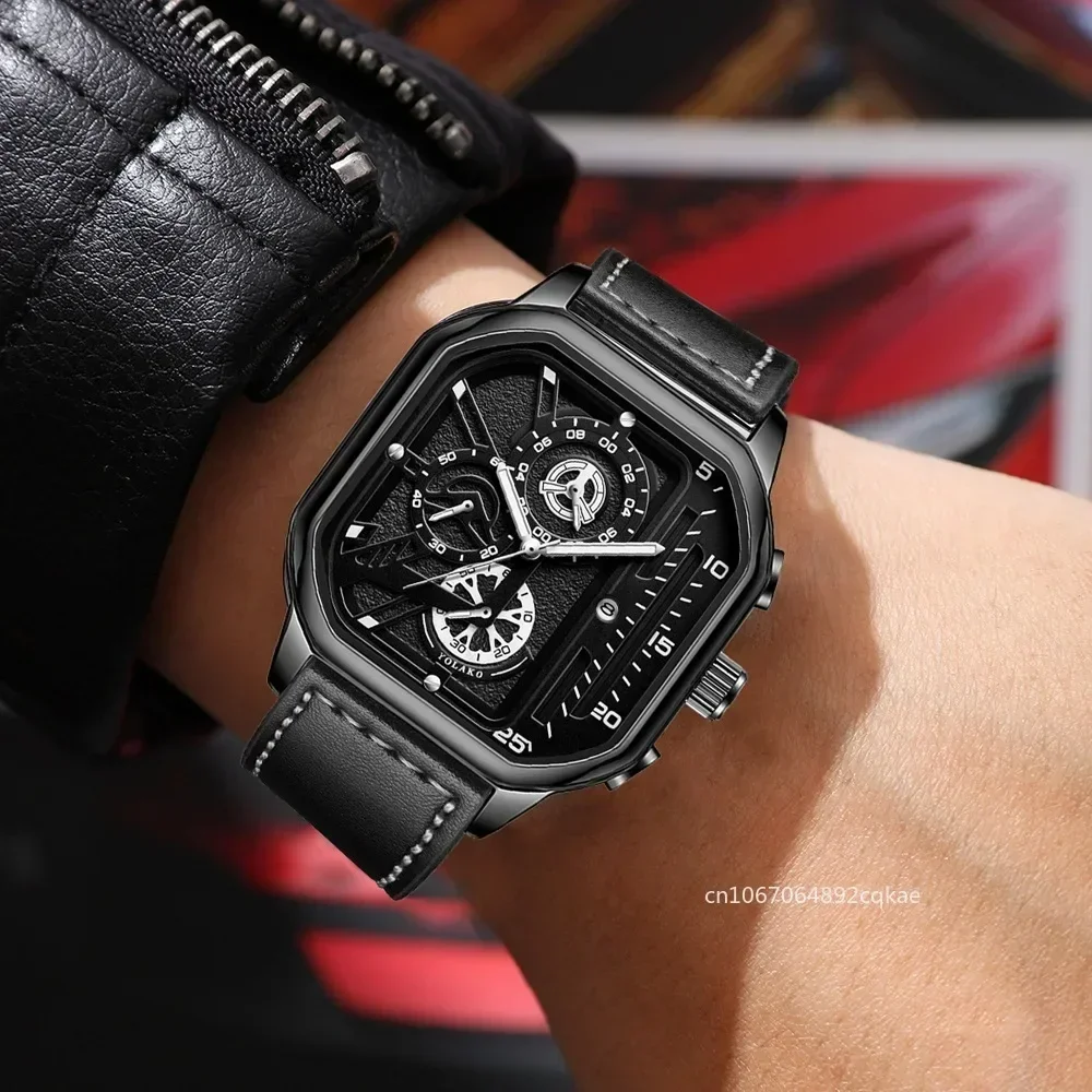 ผู้ชายนาฬิกาควอตซ์นาฬิกาธุรกิจผู้ชายนาฬิกาสายหนัง PU Big Dial Square กีฬานาฬิกา Cool นาฬิกาข้อมือสีดําสําหรับ Man