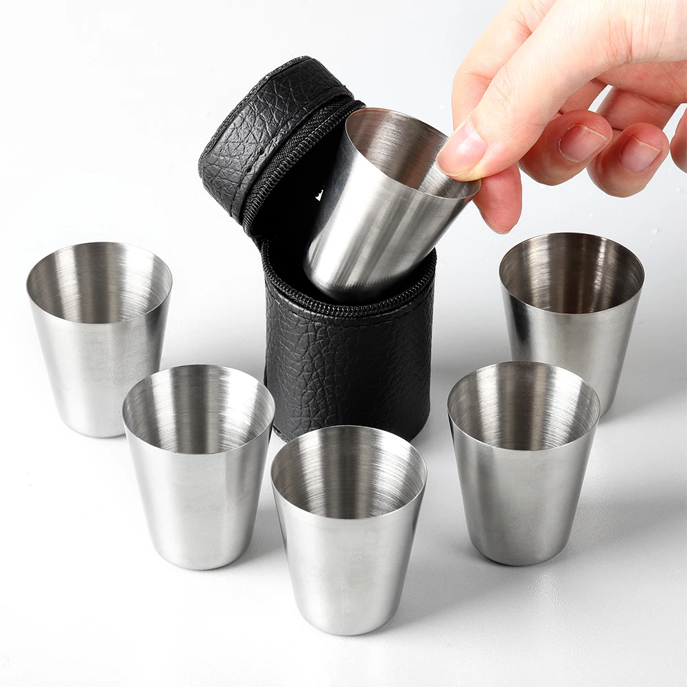 Juego de 4/6 Uds. De tazas de acero inoxidable para viajes prácticos al aire libre, Mini juego de vasos para whisky, vino con estuche, vajilla portátil de 30/70ml
