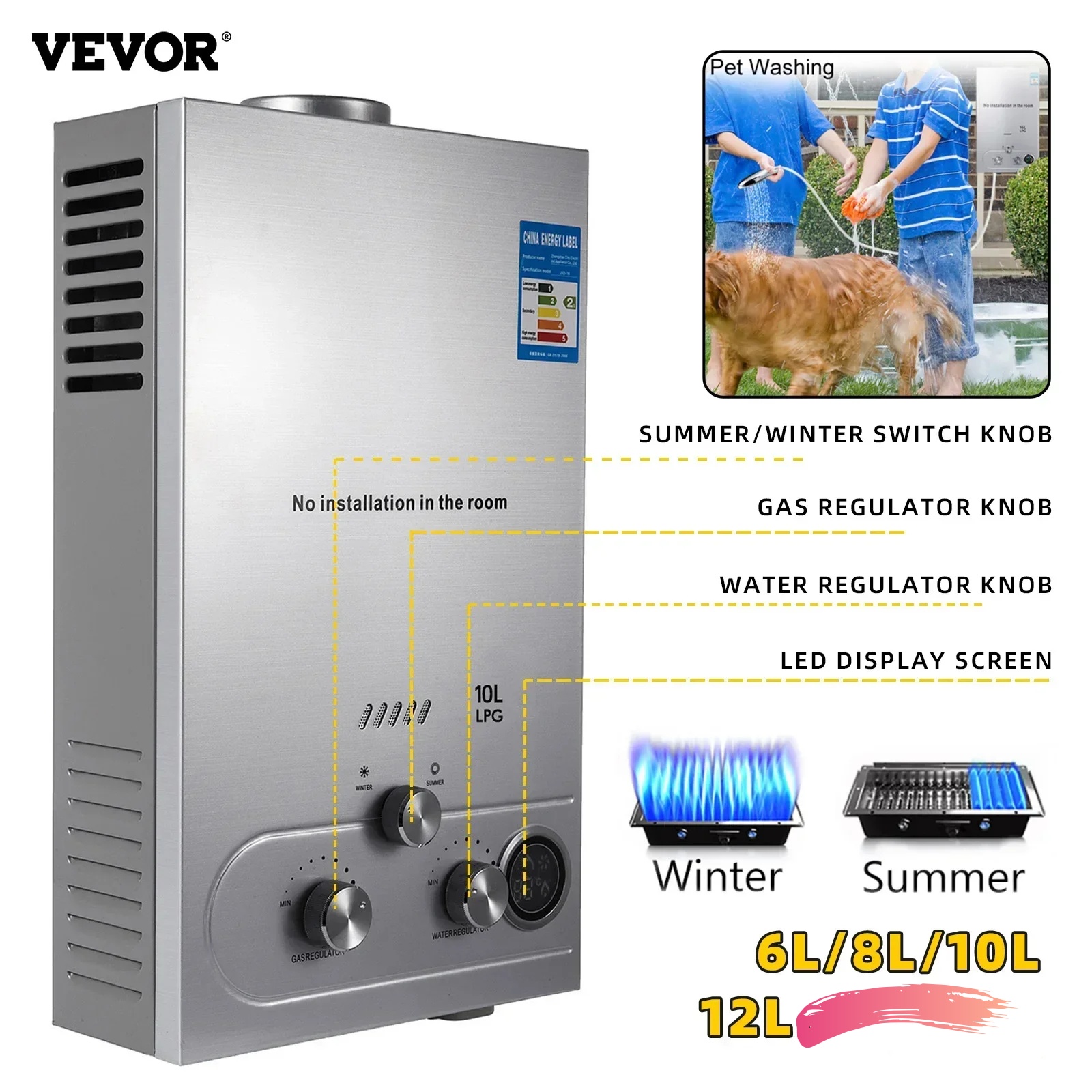 VEVOR 6L 8L 10L 12L LPG Tragbarer Durchlauferhitzer Propangas LPG Wandmontierter Durchlauferhitzer Digitalanzeige