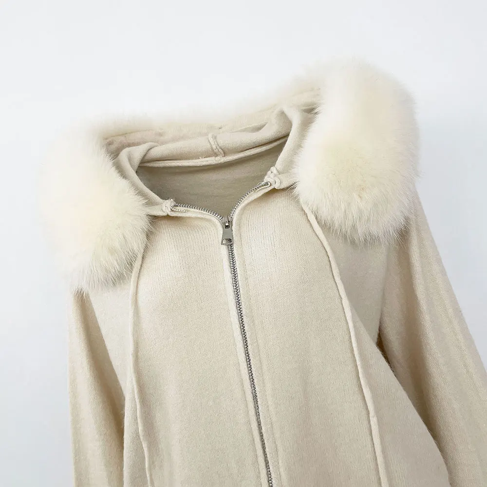Oftbuy calças de malha jaqueta com capuz com gola de pele de raposa destacável casaco de pele 2024 outono inverno moda camisola terno feminino