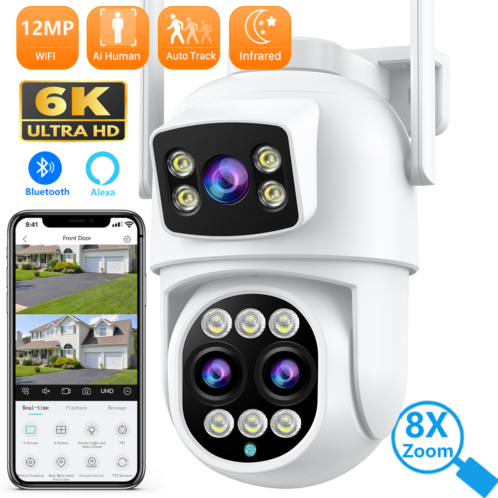 6k 12mp wifi ip kamera drei objektiv 8x zoom outdoor ptz kamera 8mp hd ai auto tracking sicherheits kamera p2p cctv überwachung icsee