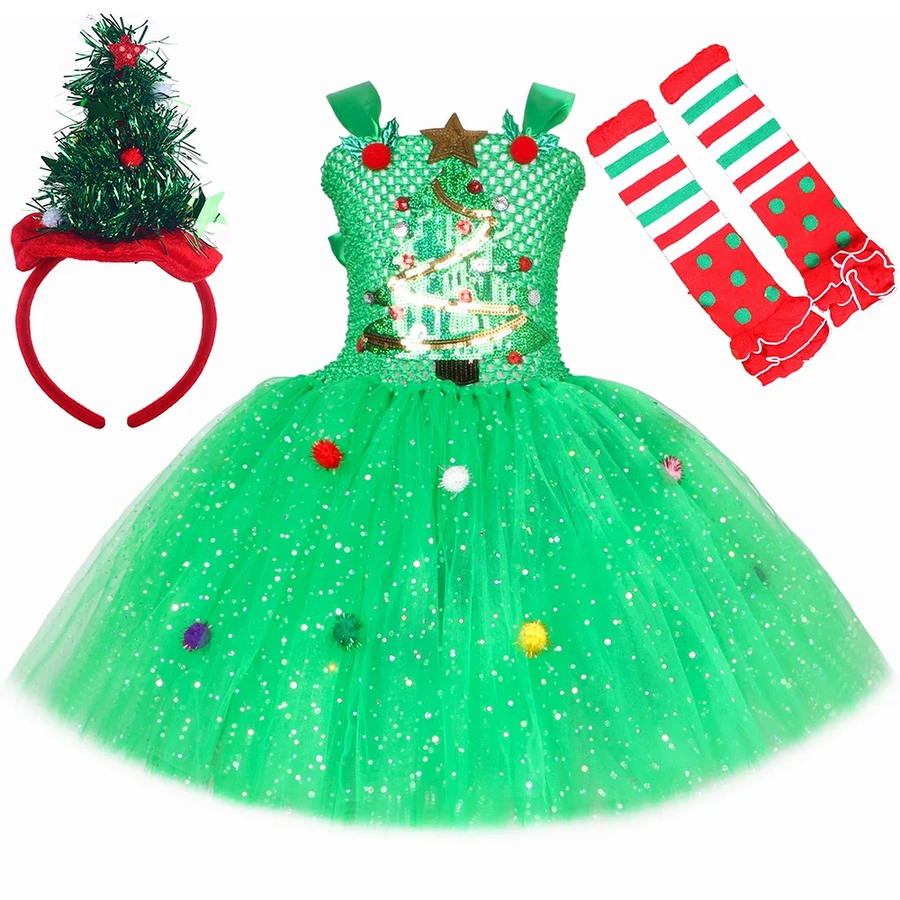 Kostum pohon Natal hijau Glitter, Gaun Tutu pesta Natal mewah anak perempuan, pakaian balita, hadiah pakaian Elf Natal