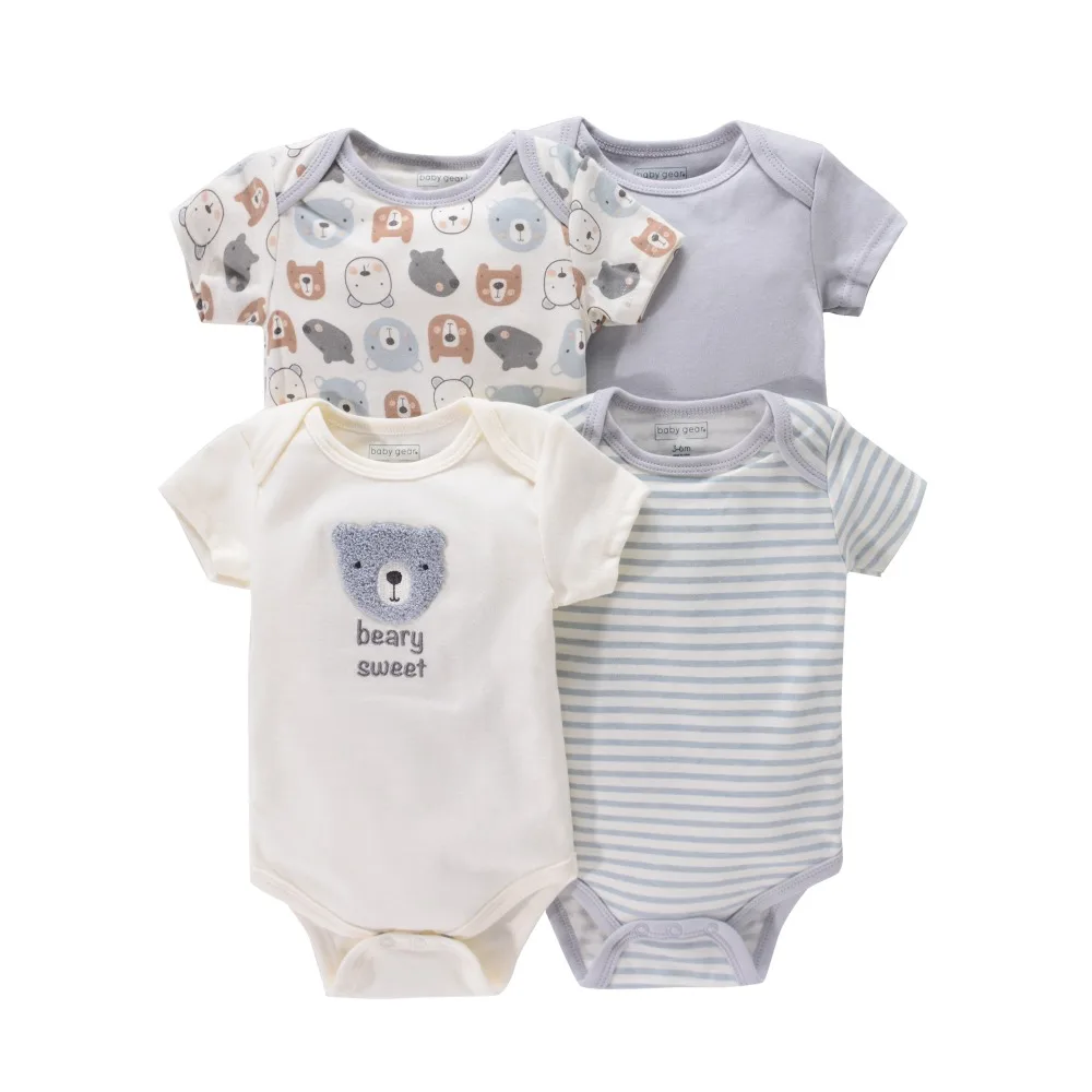 Pelele para recién nacido, mono de manga corta con cuello redondo y estampado de flores y animales de dibujos animados, ropa para bebés, niños y niñas, 4 Uds.