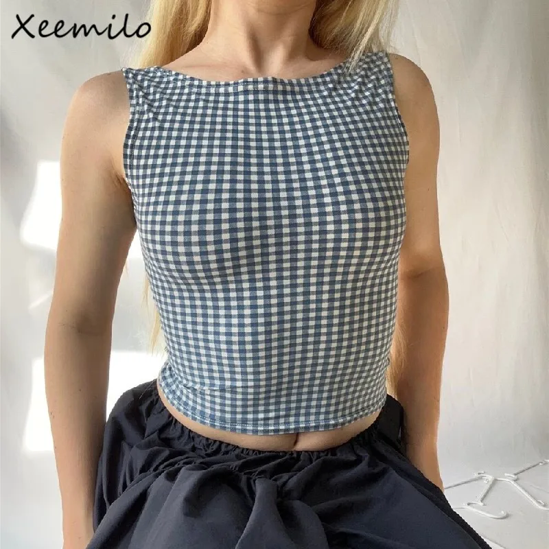 Xeemilo เสื้อแขนกุดโชว์หลัง MODE Korea เสื้อ2023ลำลองแนวสตรีทพิมพ์ลายสก๊อตแขนกุดเสื้อกั๊กฤดูร้อนแฟชั่นเพรียวบาง