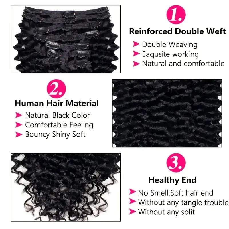 Deep Wave คลิปต่อผมมนุษย์สําหรับผู้หญิง 8 ชิ้น Cuticle Aligned ผมจริง Curly หนาปลาย 120 กรัม/เซ็ต 18 คลิป