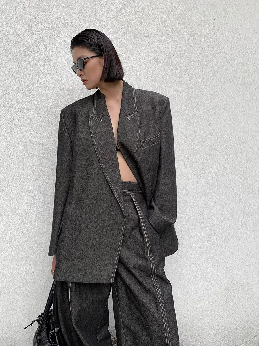 2 ชิ้น Patchwork ปุ่ม Chic ชุดผู้หญิงแขนยาว DENIM Temperament Designer เสื้อแจ็คเก็ตหญิงชุดใหม่