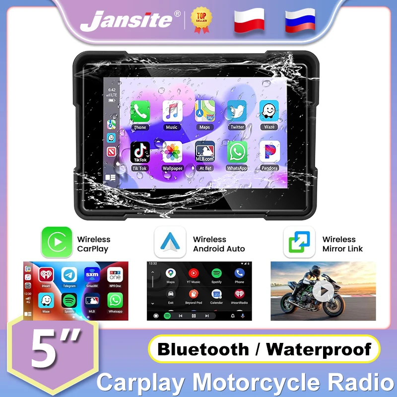Jansite 5 "Carplay para motocicleta Radio Monitor pantalla táctil inalámbrico Android auto impermeable Moto Player Bluetooth Mirror-link