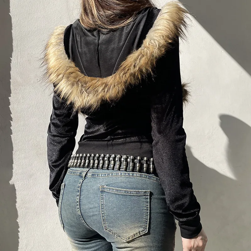 Goth escuro 90s estética macio veludo zip moletom com capuz cyber y2k gola falsa bolso casacos com capuz feminino fino streetwear gótico