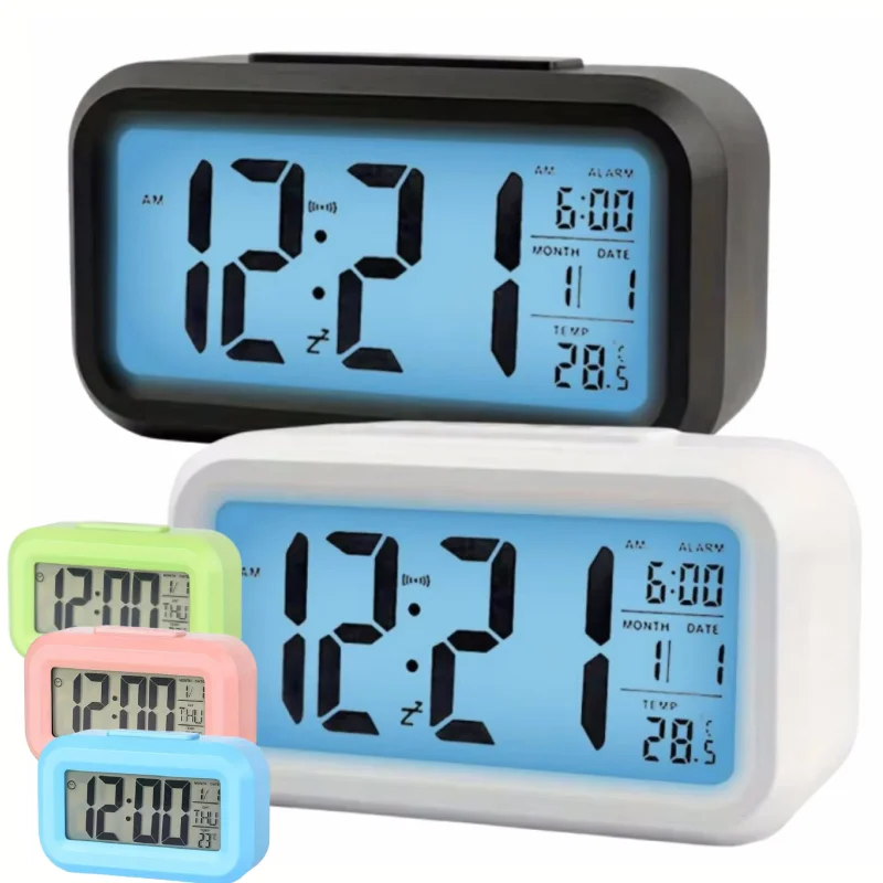 Sveglia digitale intelligente Display LCD bianco nero con timer calendario temperatura Luce a led per ufficio camera da letto (senza batteria)
