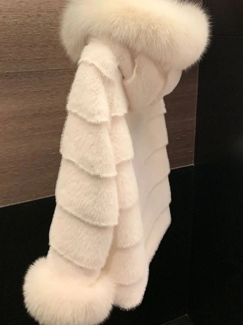Casaco de Inverno Estilo Jovem com Gola de Pele de Raposa, Jaqueta de Pele com Capuz, Crimento Médio, Ecológico, Veludo de...