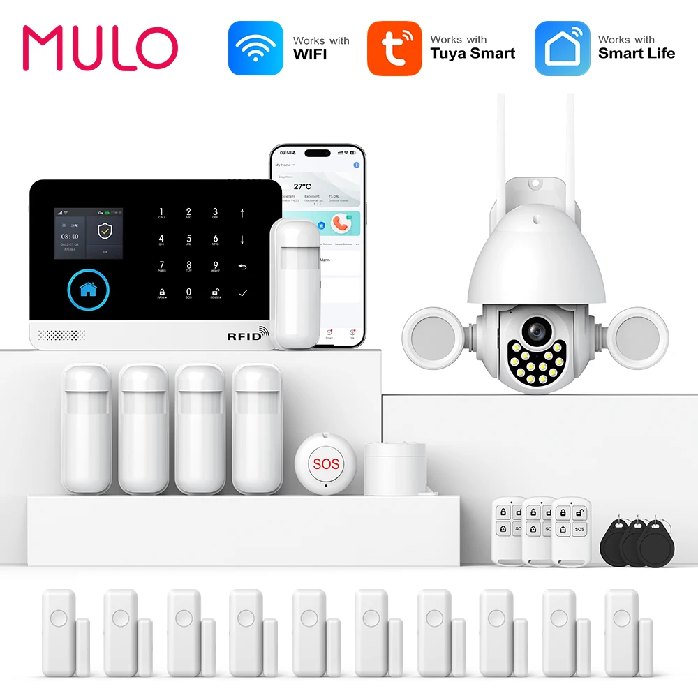 MULO-Home Burglar Security Alarm System, 433MHz, GSM, Wireless, PG103, Wi-Fi, Tuya Smart App, trabalhar com Alexa, 433MHz