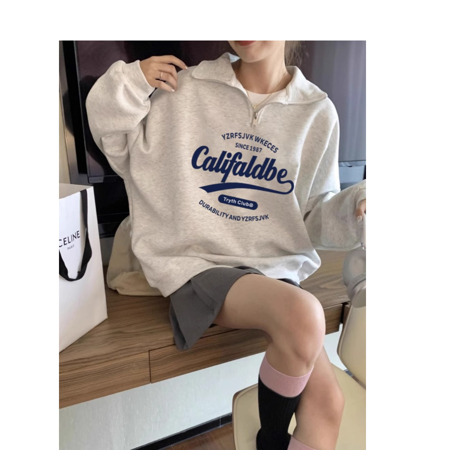 Loose Long Sleeve Polo Neck Half Zipper Sweatshirt Women's Korean Sle Autumn Winter New Letter Print Lazy Sle Pullover