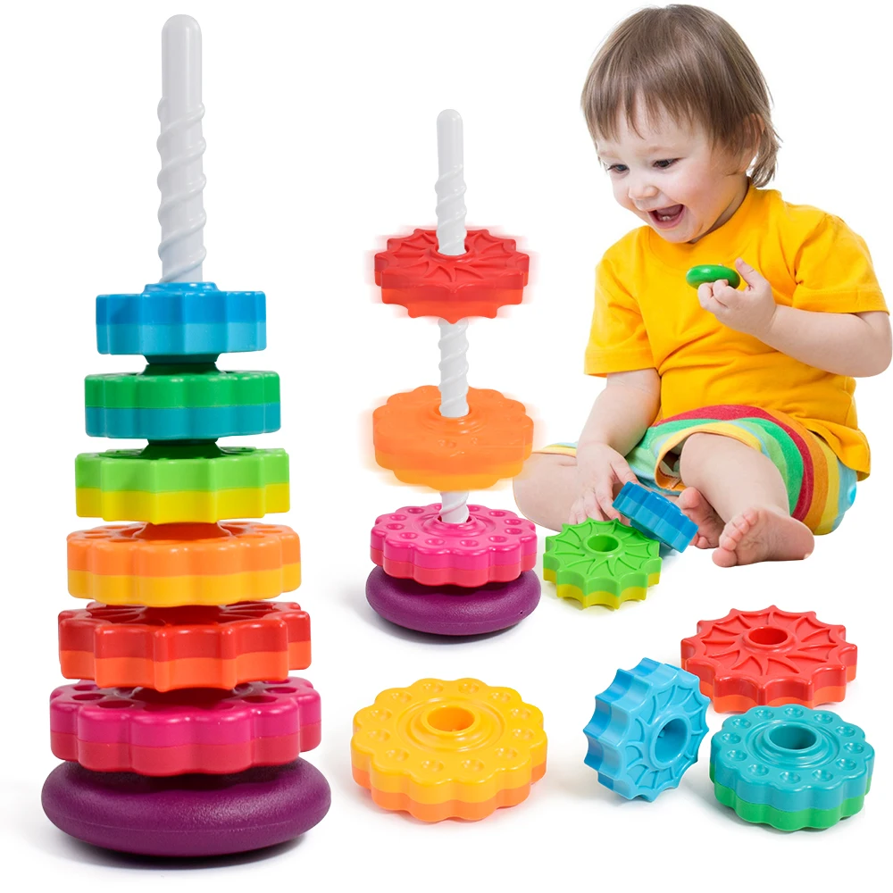 Torre arcobaleno rotante per bambini Montessori Puzzle impilabile per bambini Giocattoli Sicurezza Giocattolo educativo precoce Giocattoli per bambini colorati di sicurezza