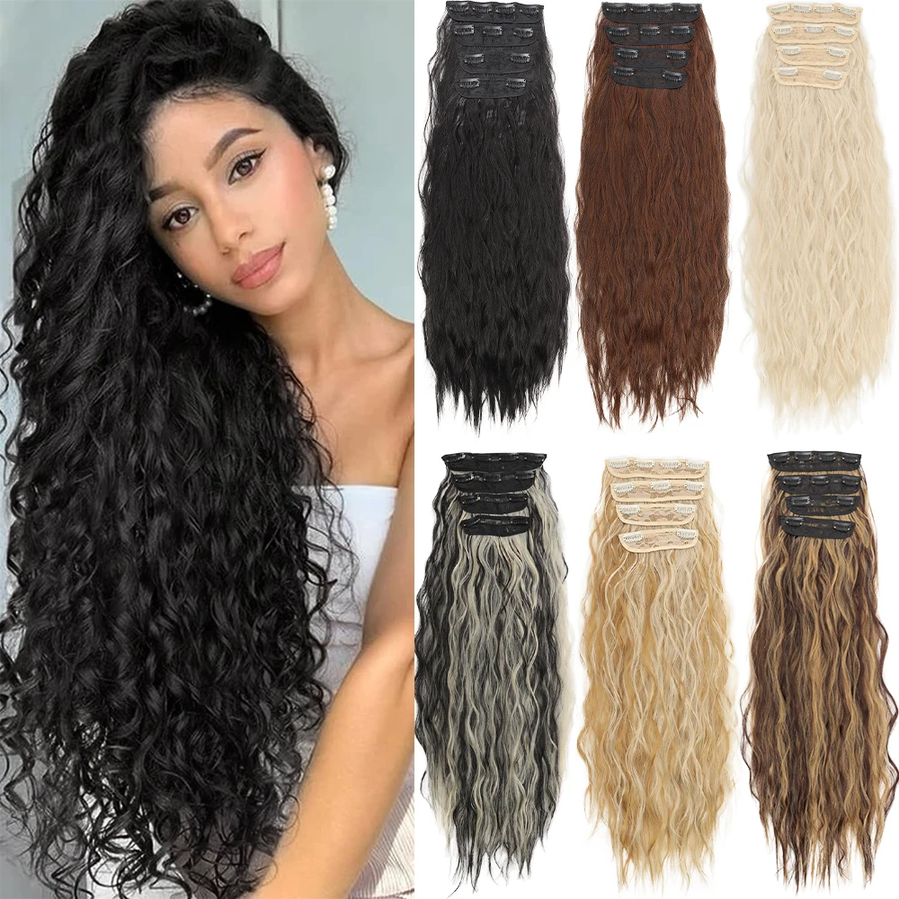 Clip em extensões de cabelo para mulheres, extensões de cabelo preto, longas ondas sereias, ondulado clipe sintético no hairpiece, 24 ", 4pcs