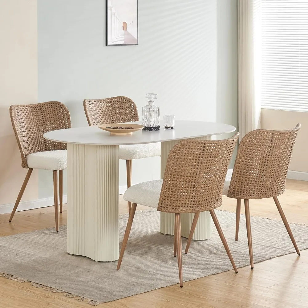 Set of 4 Modern Rattan Dining Chairs - Upholstered Kitchen Accent Chairs with Full PE Cane Back & Metal Legs