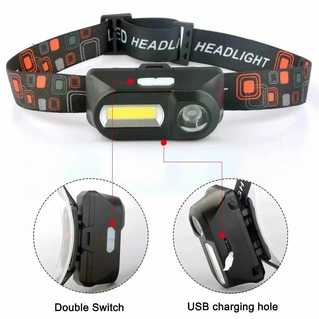 Potente linterna frontal COB + LED 18650 2000MaH, recargable, resistente al agua, linterna de cabeza brillante para acampar y ciclismo