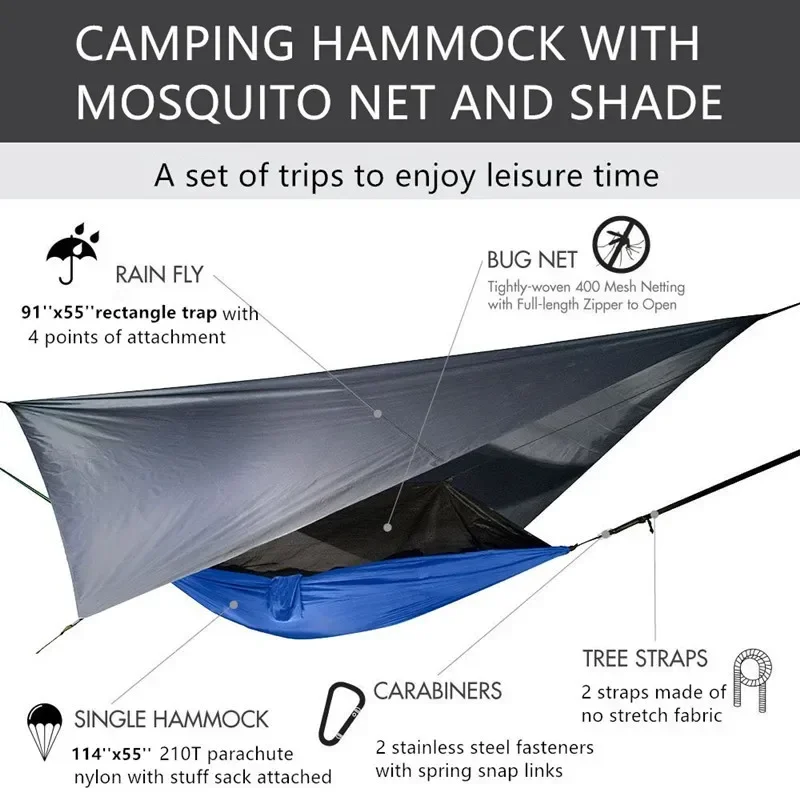Rede de acampamento com mosquiteiro e lona de chuva, rede portátil de árvore de pára-quedas, redes de balanço de nylon, abrigo solar, mosca de chuva