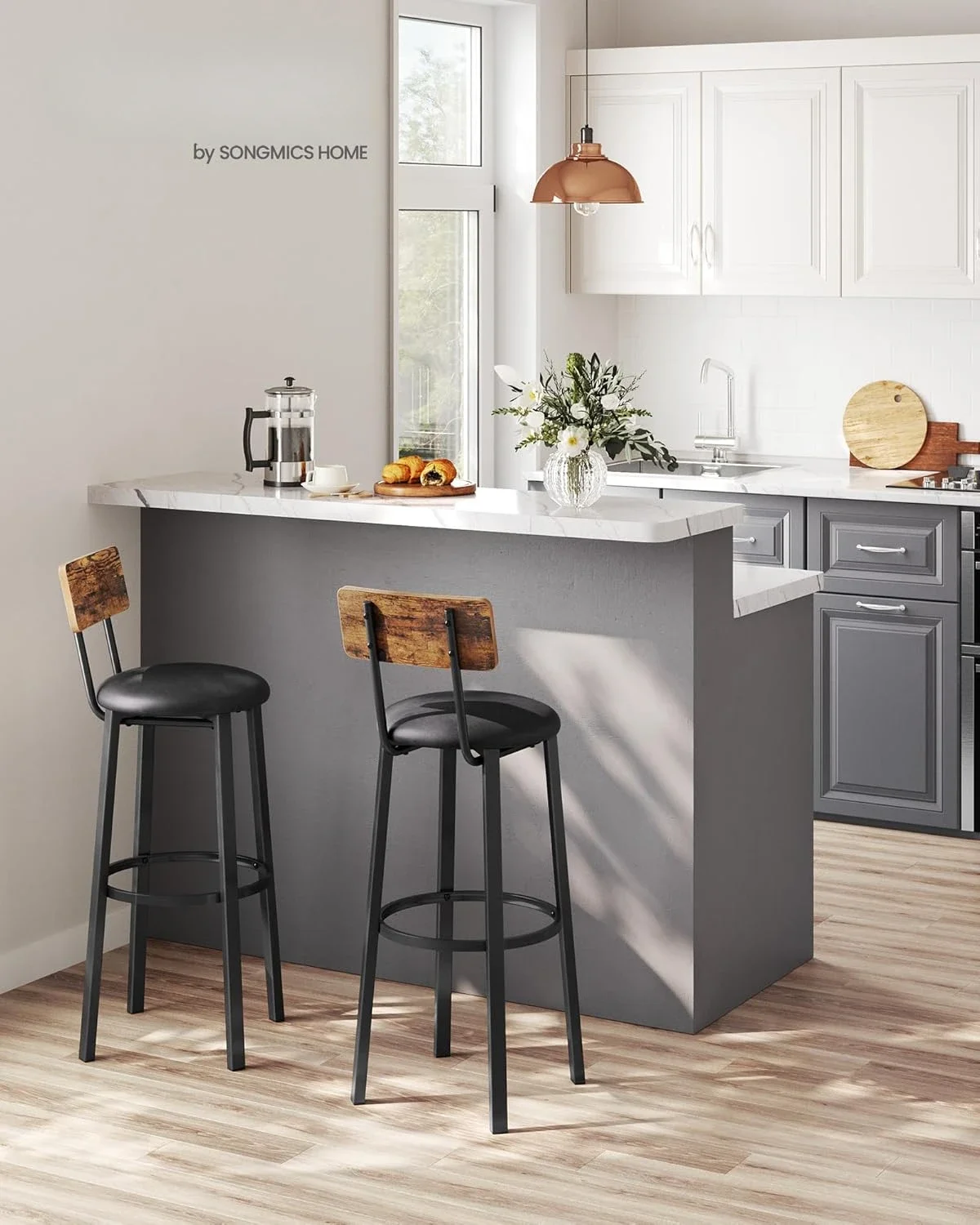 Zeitbegrenzter Rabatt-Taburetes de Bar, Tapizados PU, Taburete Alto con Reposapiés, Montaje Simple, Industrial, para Cocina, C