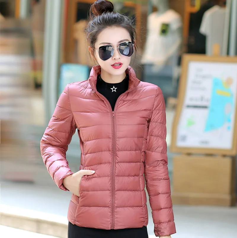 M-5XL Trắng Vịt Xuống Áo Khoác Nữ Mùa Đông Ấm Áp Xuống Phối Trọng Lượng Nhẹ 2022 Mới Cổ Áo Đứng Túi Dây Kéo Thông Thường áo Khoác Ngoài
