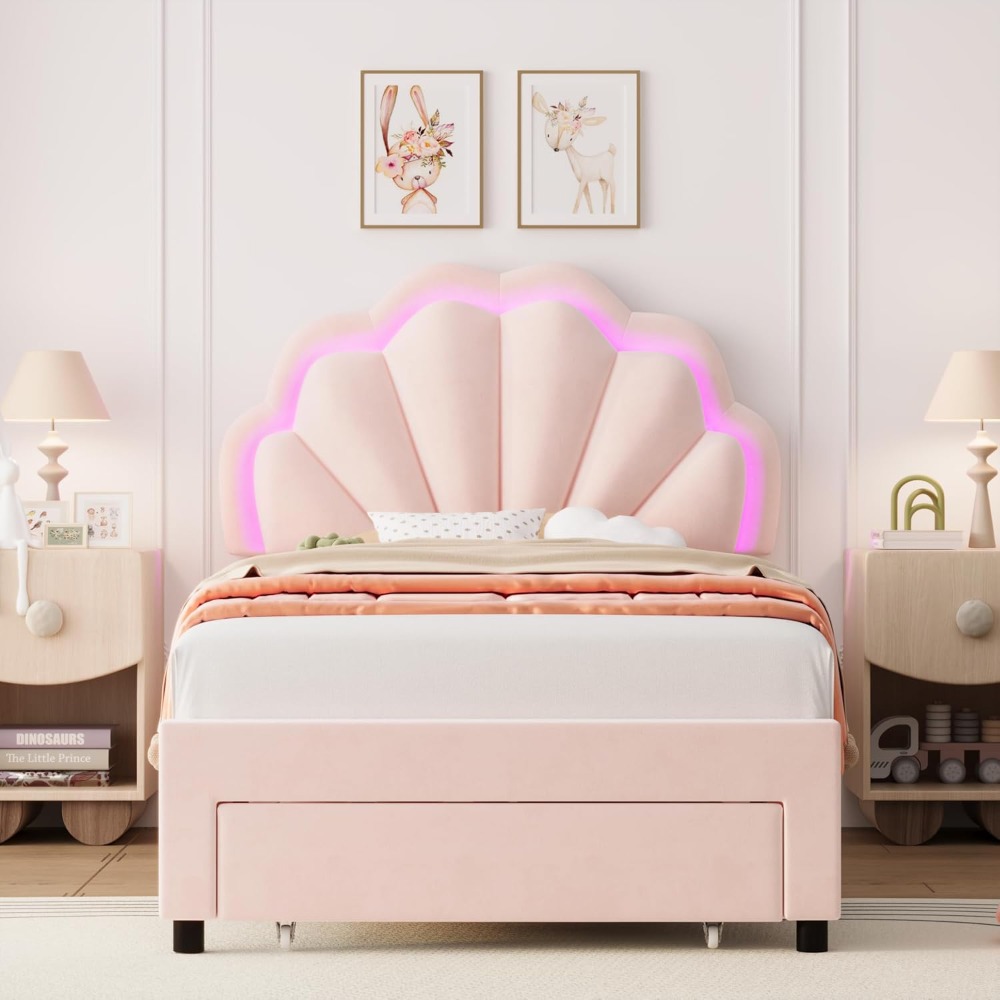 HIFIT Twin Upholstered Smart LED Bed Frame with Storage Drawer and Adjustable Chic Double Petal Headboard, Princess Platform Bed