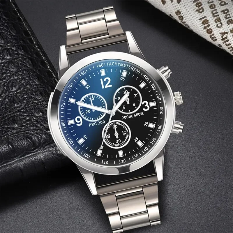 Conjunto de relojes de pulsera para hombre a la moda, reloj de cuarzo de acero inoxidable plateado deportivo de lujo para hombre, reloj de pulsera informal de negocios para hombre