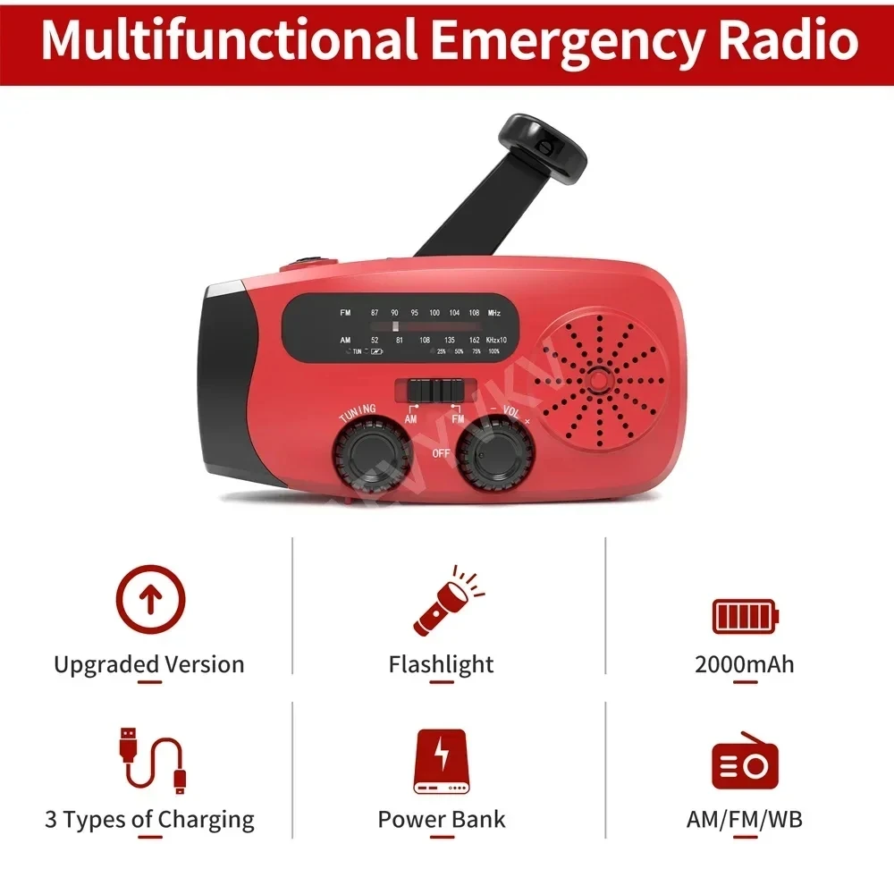 Multifunctional Solar Hand Crank Radio FM AM WB NOAA Weather Radio 2000mAh USB Charging Emergency LED Flashlight Power Ban