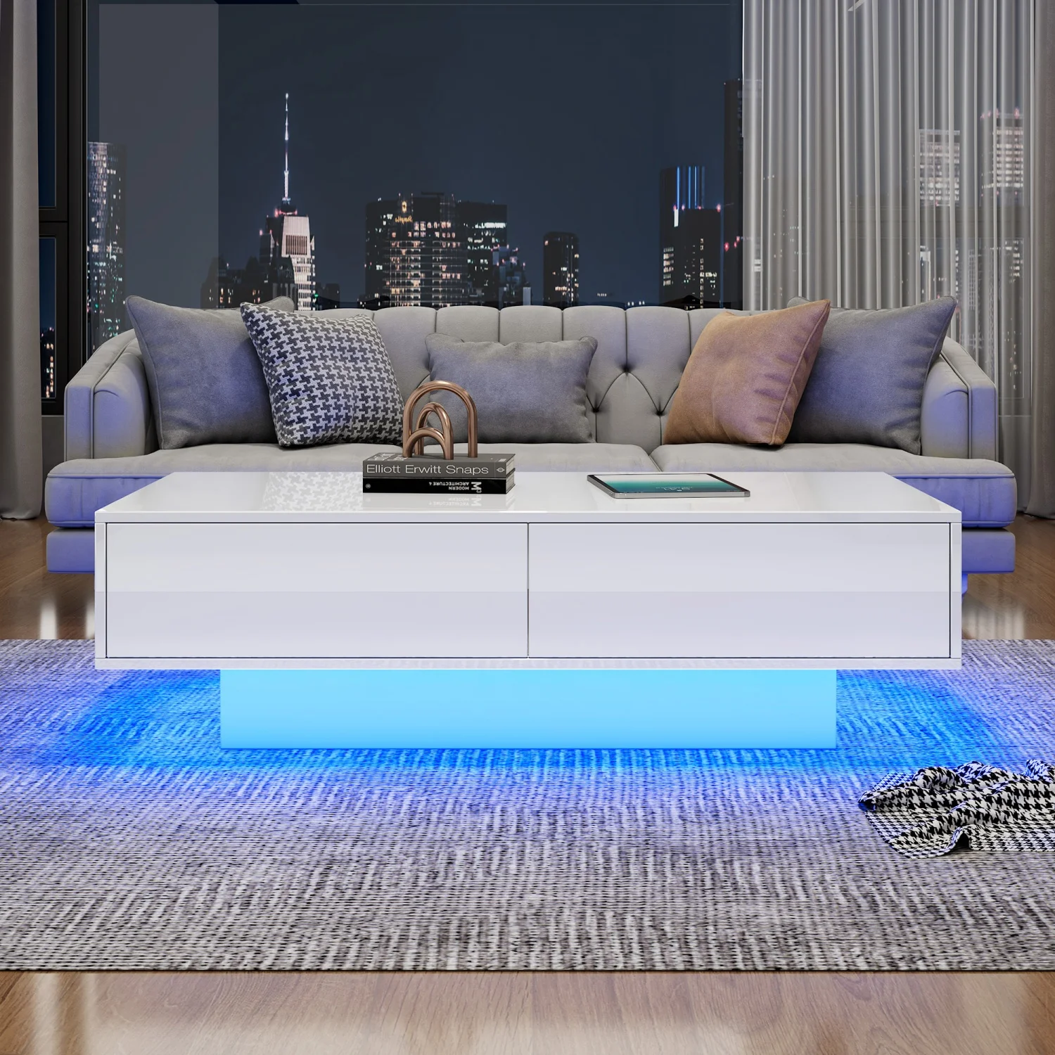115 x 55 x 34 cm Moderner Hochglanz-Couchtisch mit 2 Schubladen, LED-Beleuchtung und 30 kg Tragfähigkeit, eleganter Wohnzimmertisch