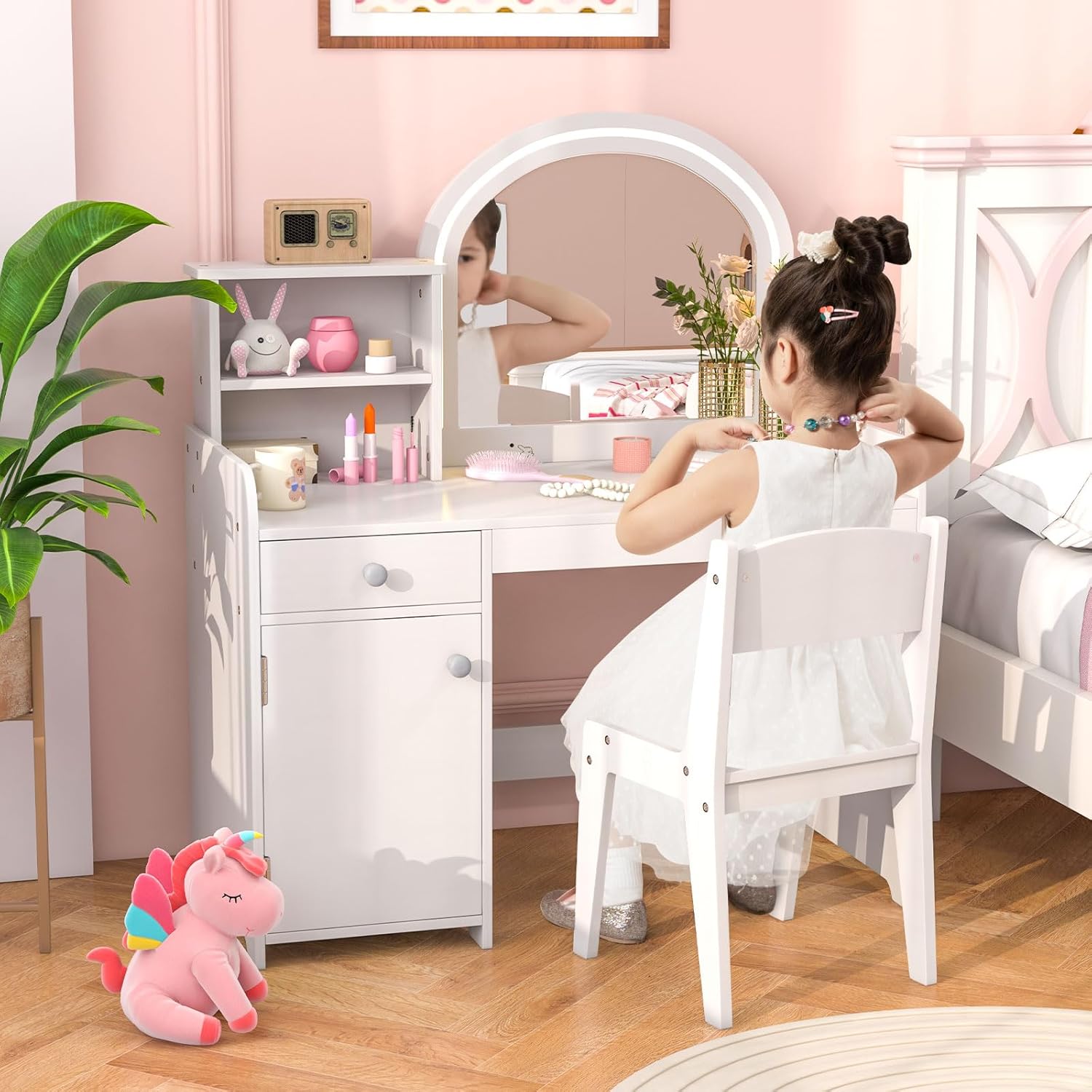 Kids Vanity, Princess Makeup Desk and Chair Set with Lights Mirror Drawer Storage Shelves, Wooden Dressing Table, Pretend Play