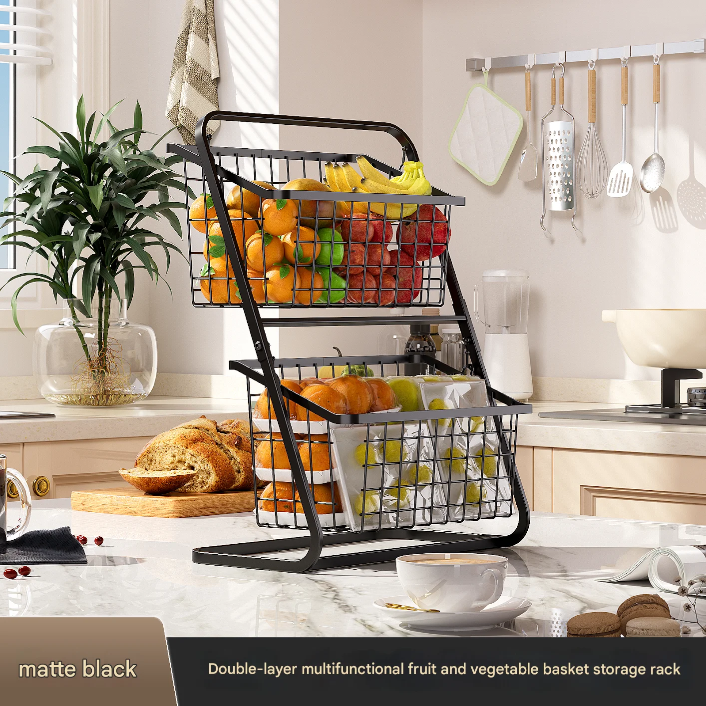 Kitchen Vegetable Storage Shelf, Black Floor To Ceiling Multi-layer Vegetable Rack, Household Vegetable And Fruit Storage Basket