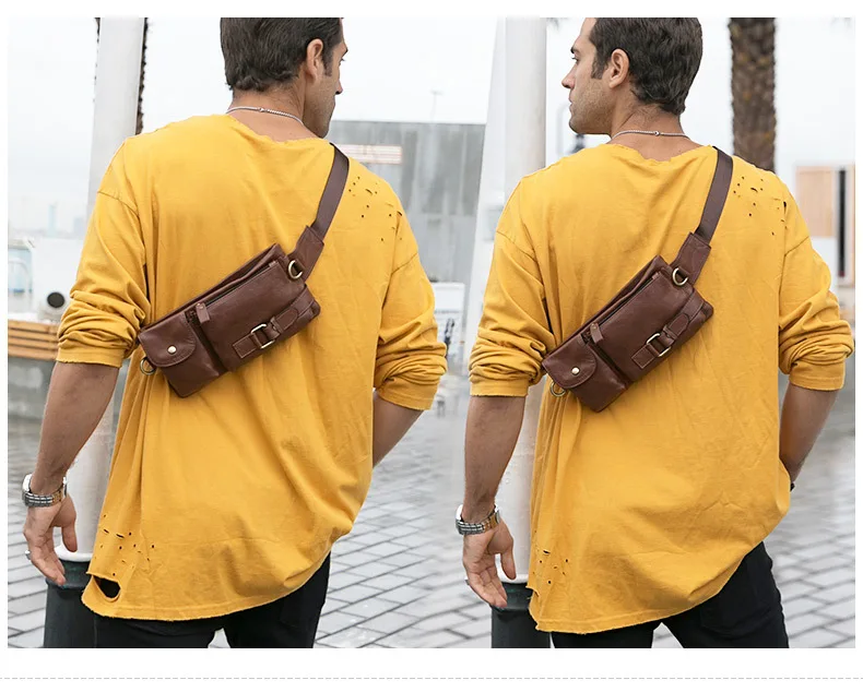 Men's Waist Packs Casual Rectangle Soft Genuine Cowhide Leather Mobile Pocket Crossbody Chest Bag