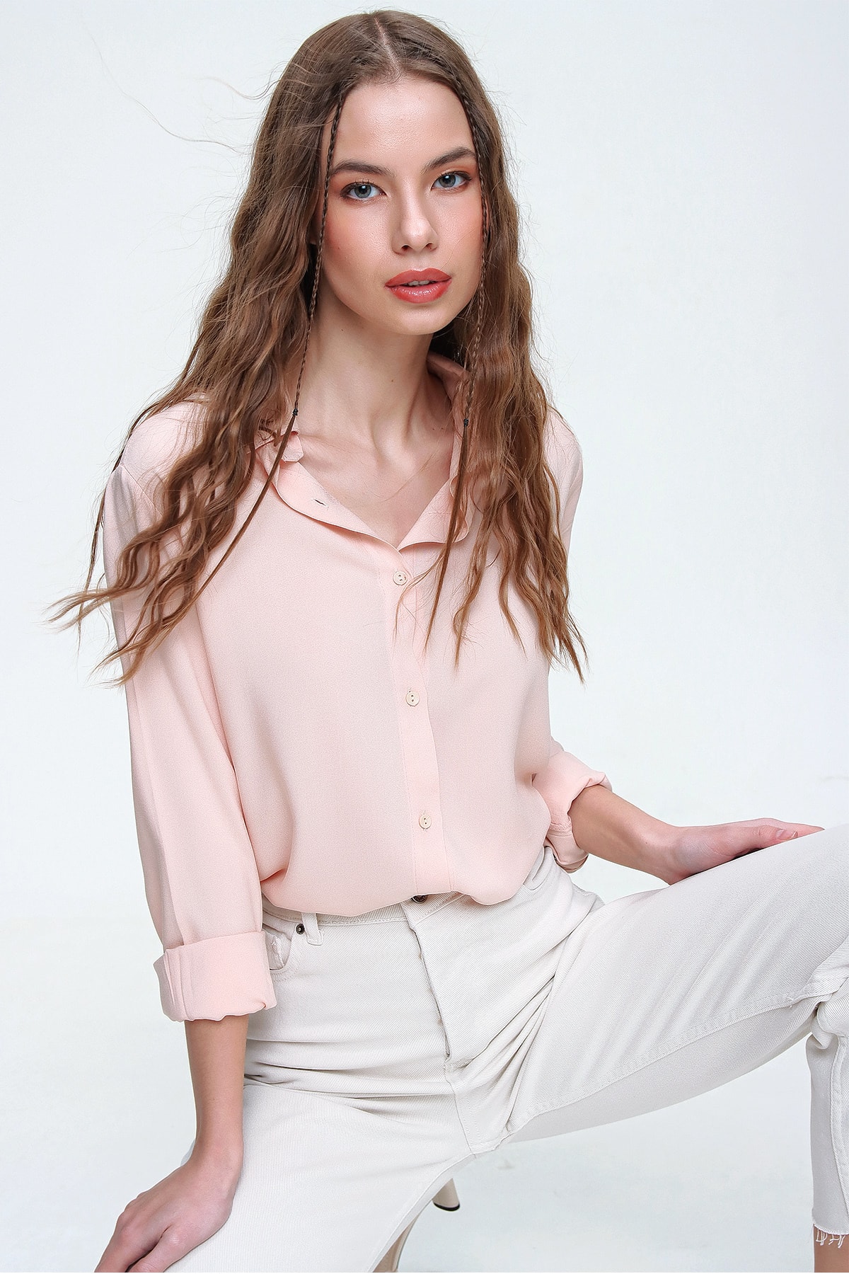 Kemeja Viscose Dasar Salmon Wanita ALC-X5442 Tren Mode Wanita Musim Baru Berkualitas Cantik