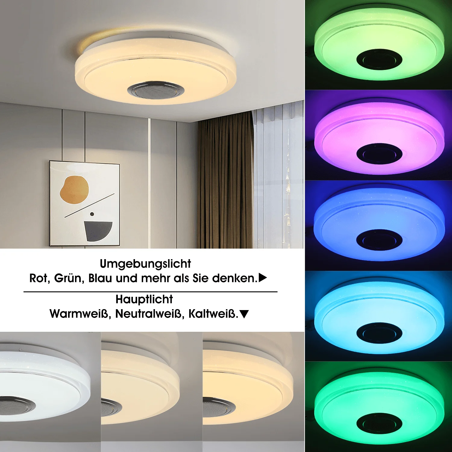 36-W-LED-Deckenleuchte mit Bluetooth-Lautsprecher, dimmbar mit Fernbedienung und APP-Steuerung, LED-Deckenleuchte mit RGB-Farbwechsel