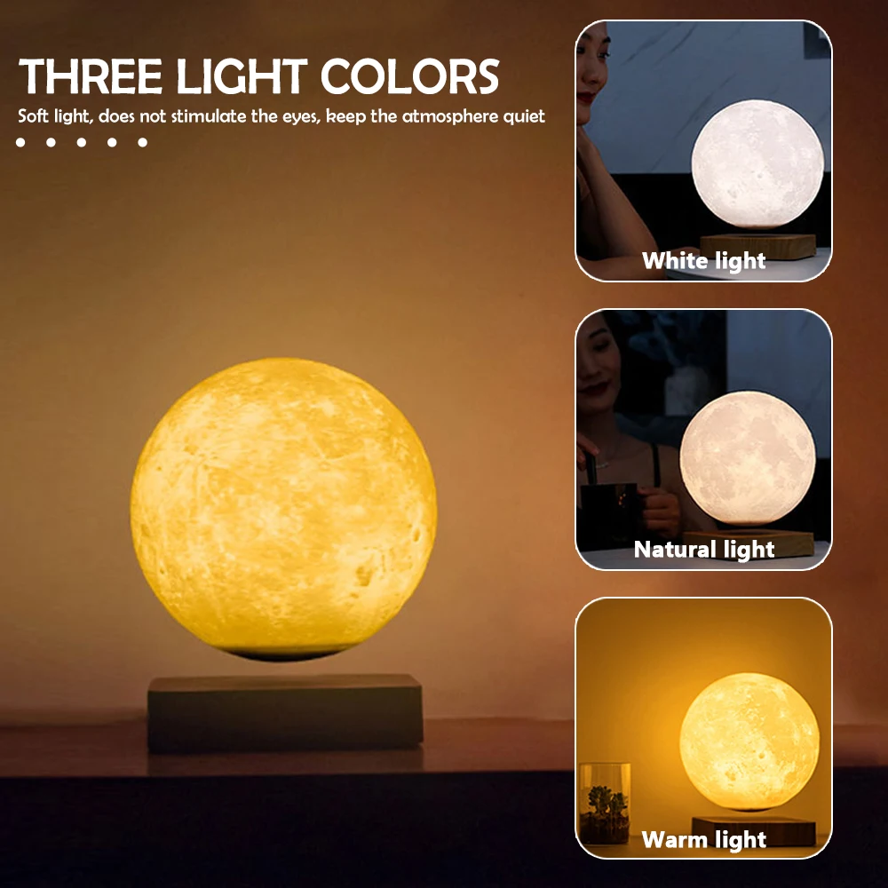 Novelty Levitating Moon Night Light 360° Rotation Magnetic Floating Moon Lamp With 3 Colors  For for Home Office Desk Decor