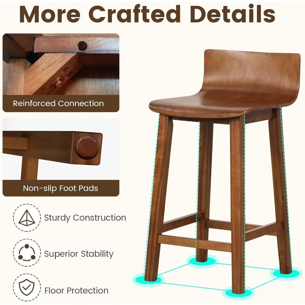 24.5" Bar Stools Set of 4, Counter Height Bar Stools w/Low Back & Footrest, Farmhouse Wooden Bar Dining Chairs, Armless Wood