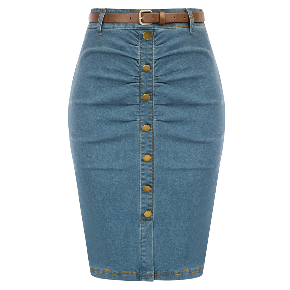 BP Dames Vintage Jean Rok Met Riem Hoge Taille Bodycon Rok Met Ruches Voorzijde