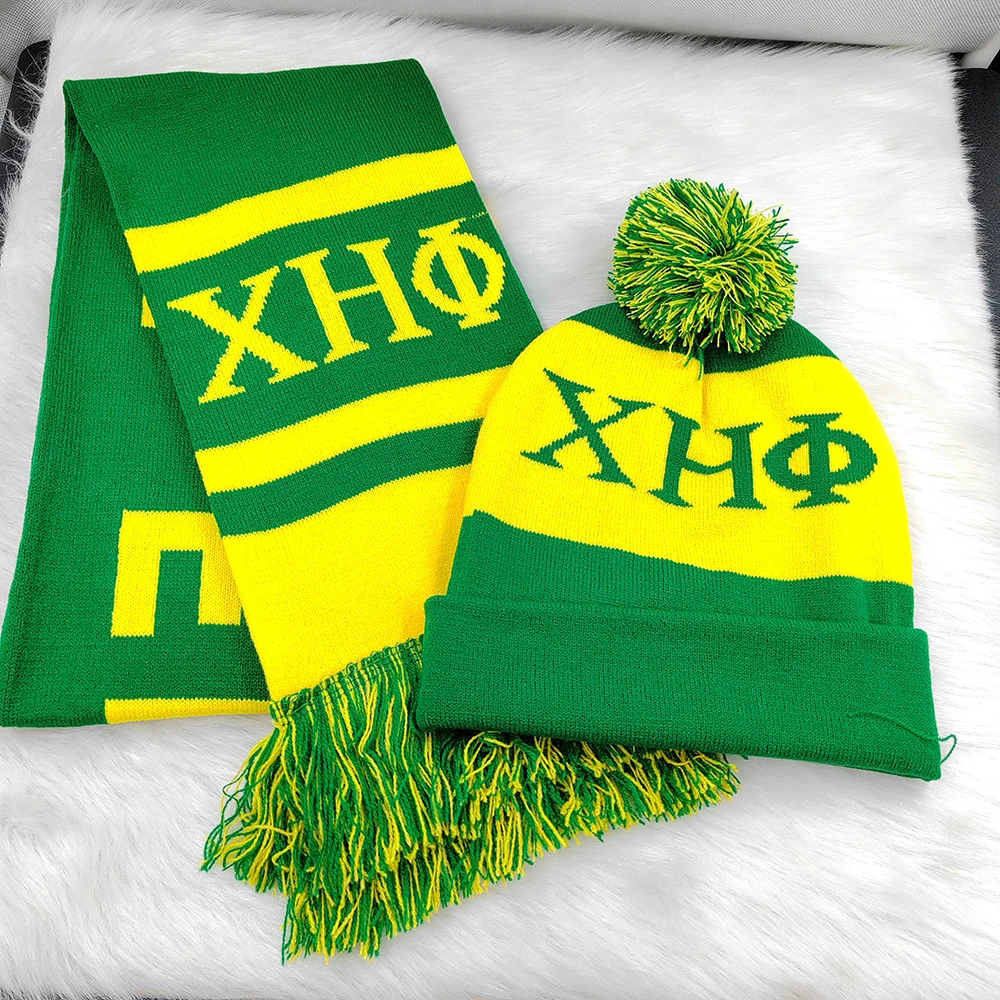 Chi Eta Phi 1932 Màu Vàng Xanh Màu Dày Mềm Mại Khăn Mũ Bộ Mùa Đông Dệt Kim Giữ Ấm Khăn Choàng Cổ Nữ Quần Áo Phụ Kiện