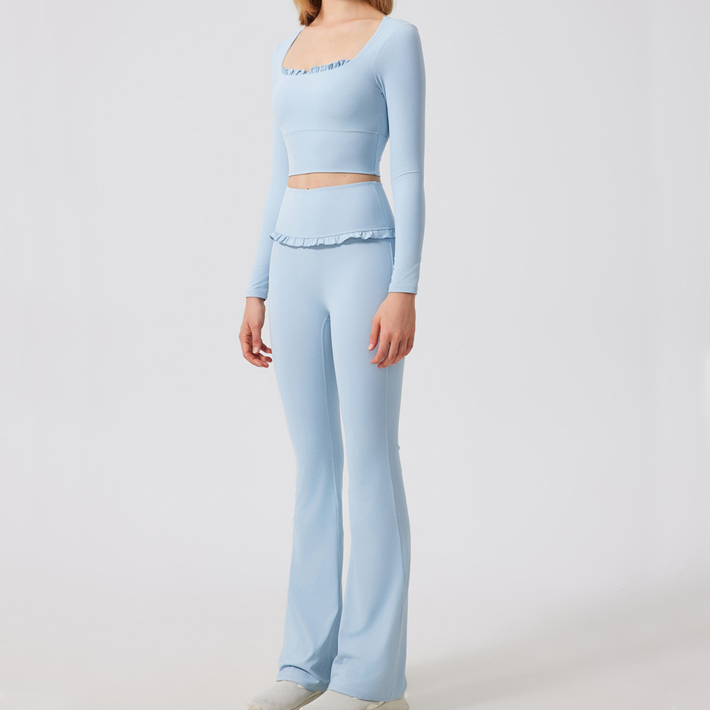 Conjunto de Yoga con almohadilla para mujer, Top corto deportivo de manga larga para gimnasio y Fitness, Legging acampanado de cintura alta, ropa atlética para entrenamiento, 2 uds.