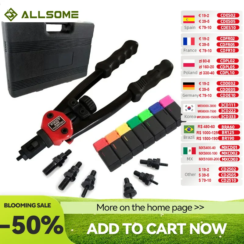 ALLSOME-pistola remachadora de BT-605, herramienta de remache automático de 12 pulgadas, herramienta de tuerca remachadora de inserción Manual, Mandriles manuales M3, M4, M5, M6, M8