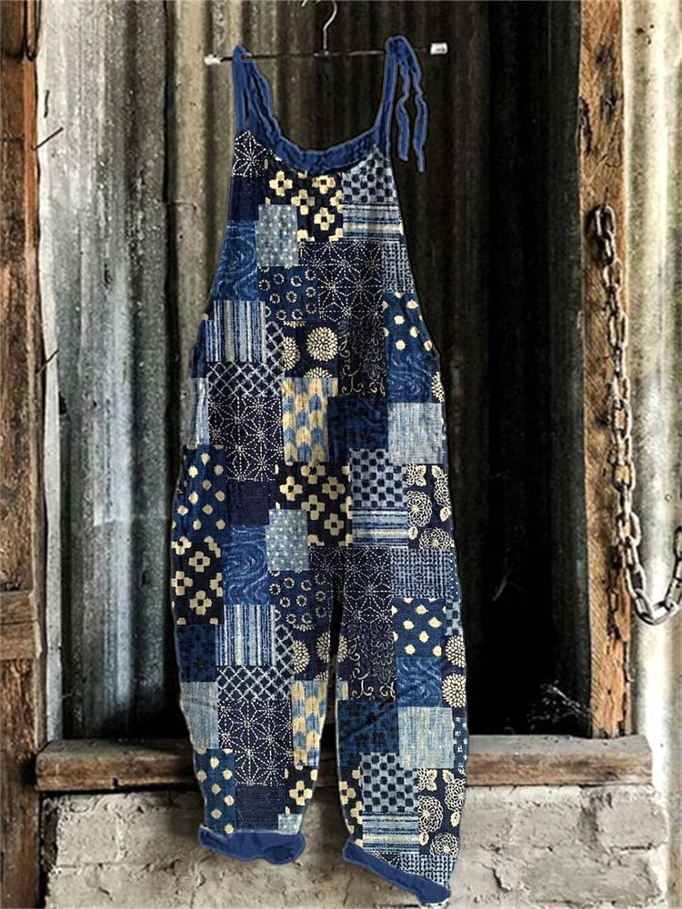 2024 informal a la moda elegante para mujer, mono holgado con suspensión ajustable con estampado geométrico Floral Retro, pantalón de pernera ancha para mujer