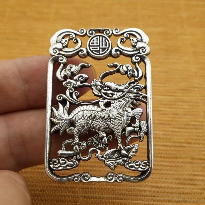 Antique White Copper with Silver Overlay Double-Sided Kirin Pendant Kirin Pendant Blessing in Front of Us Pendant