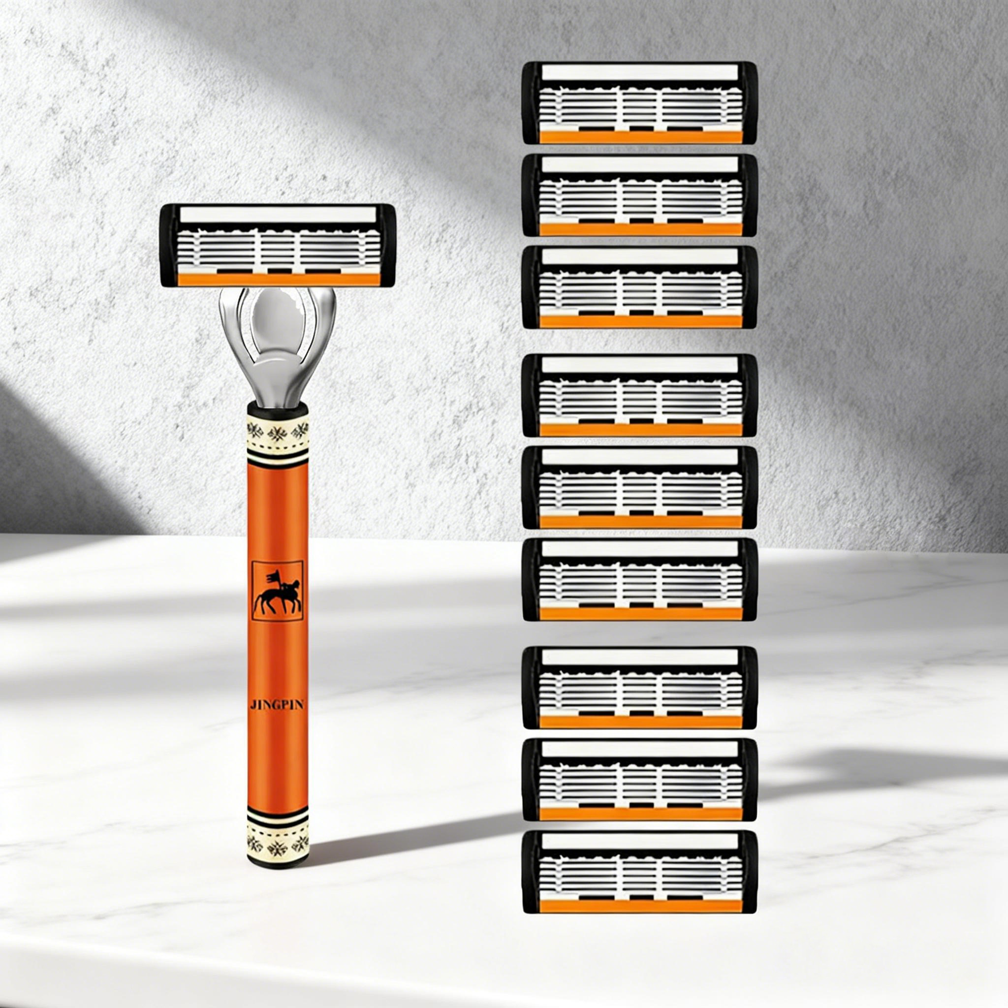 Men's 6-Blade Manual Razor, Orange Non-Slip Handle, Multiple Replacement Blades - Ideal for Trimming Beards and Mustaches