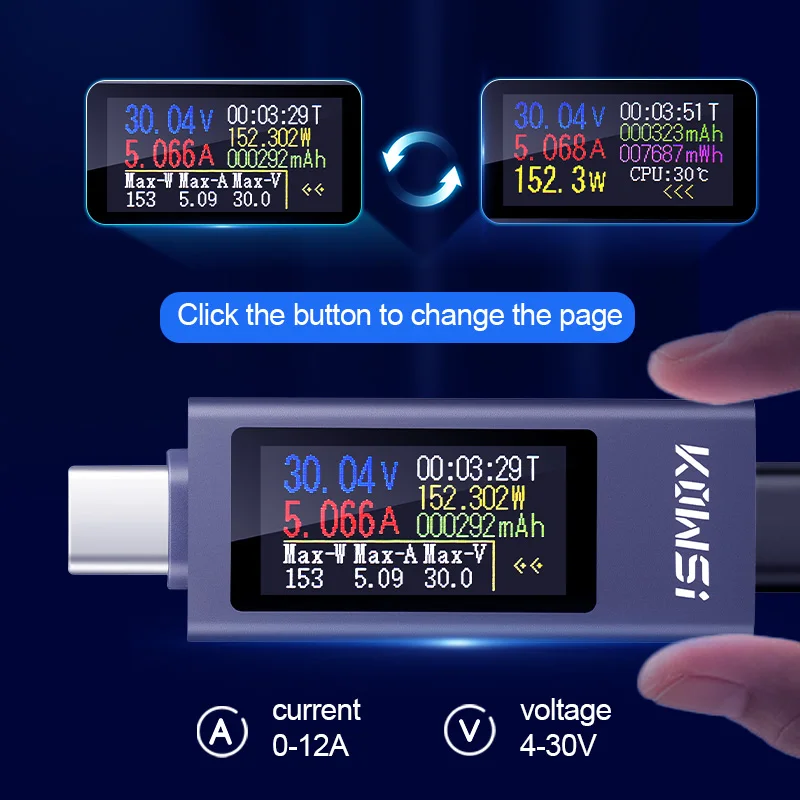 Probador tipo C, pantalla Digital multifunción, amperímetro de voltaje CC, medidor de potencia, probador de carga de teléfono móvil, indicador de cargador de banco