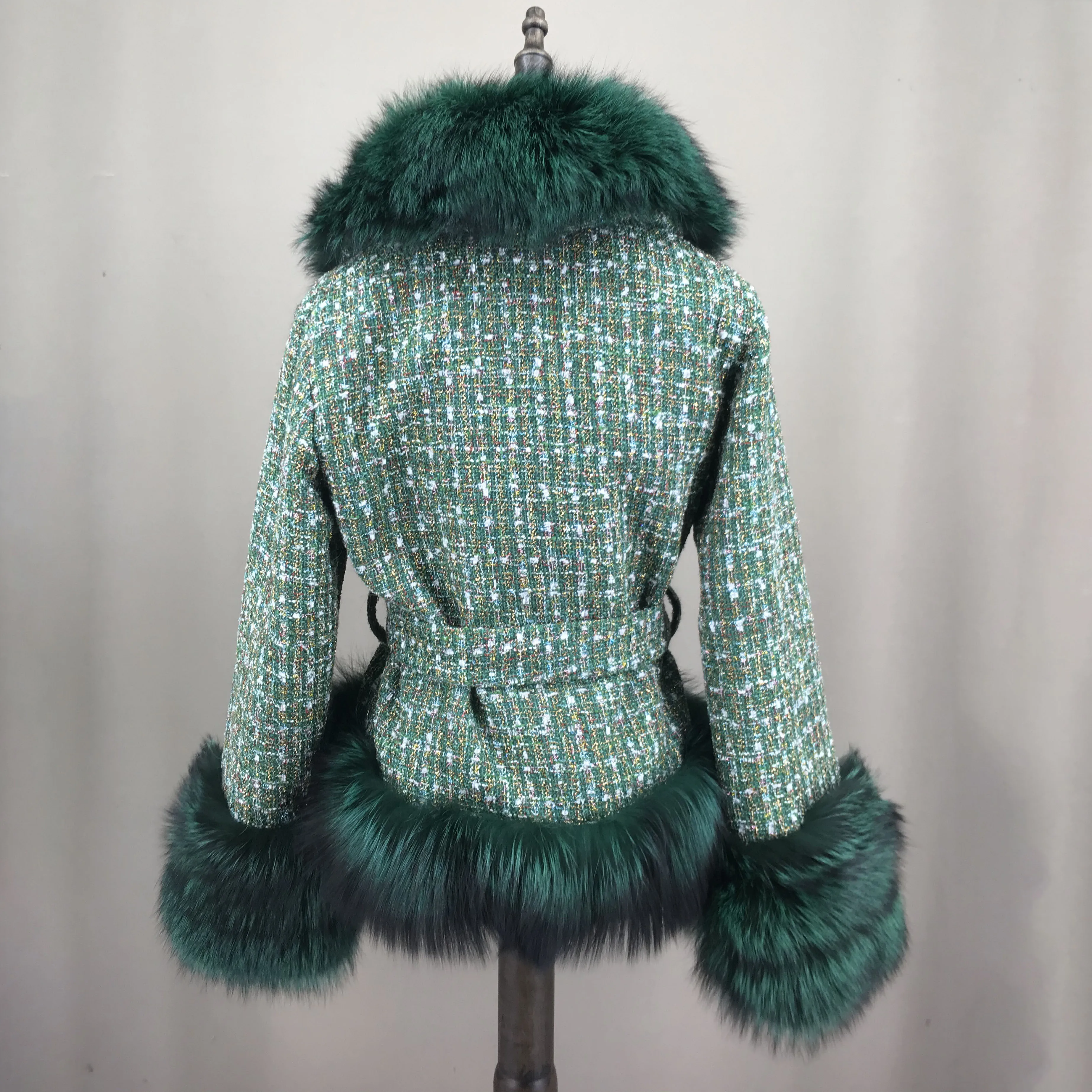 Casaco curto com gola de pele de raposa vermelha real para mulheres, frente e cinto, pele elegante, cor verde, casaco outono e inverno