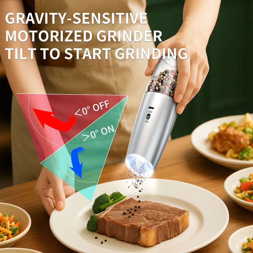 Molinillo de sal y pimienta eléctrico con sensor de gravedad, molinos de especias ajustables con luz LED para cocina, dispositivo inalámbrico automático