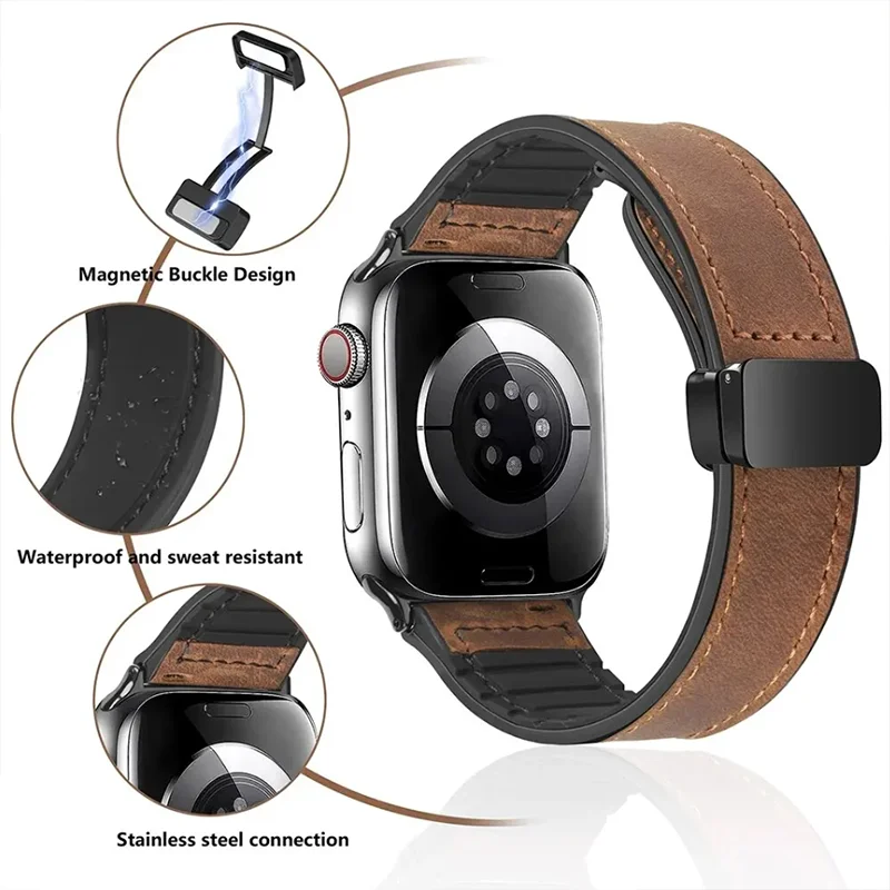 Leather Strap For Apple Watch Band 49mm 44 45 42mm 40 46 38 41mm Magnetic Bracelet Correa Men IWatch Ultra Series 10 9 8 7 SE 6