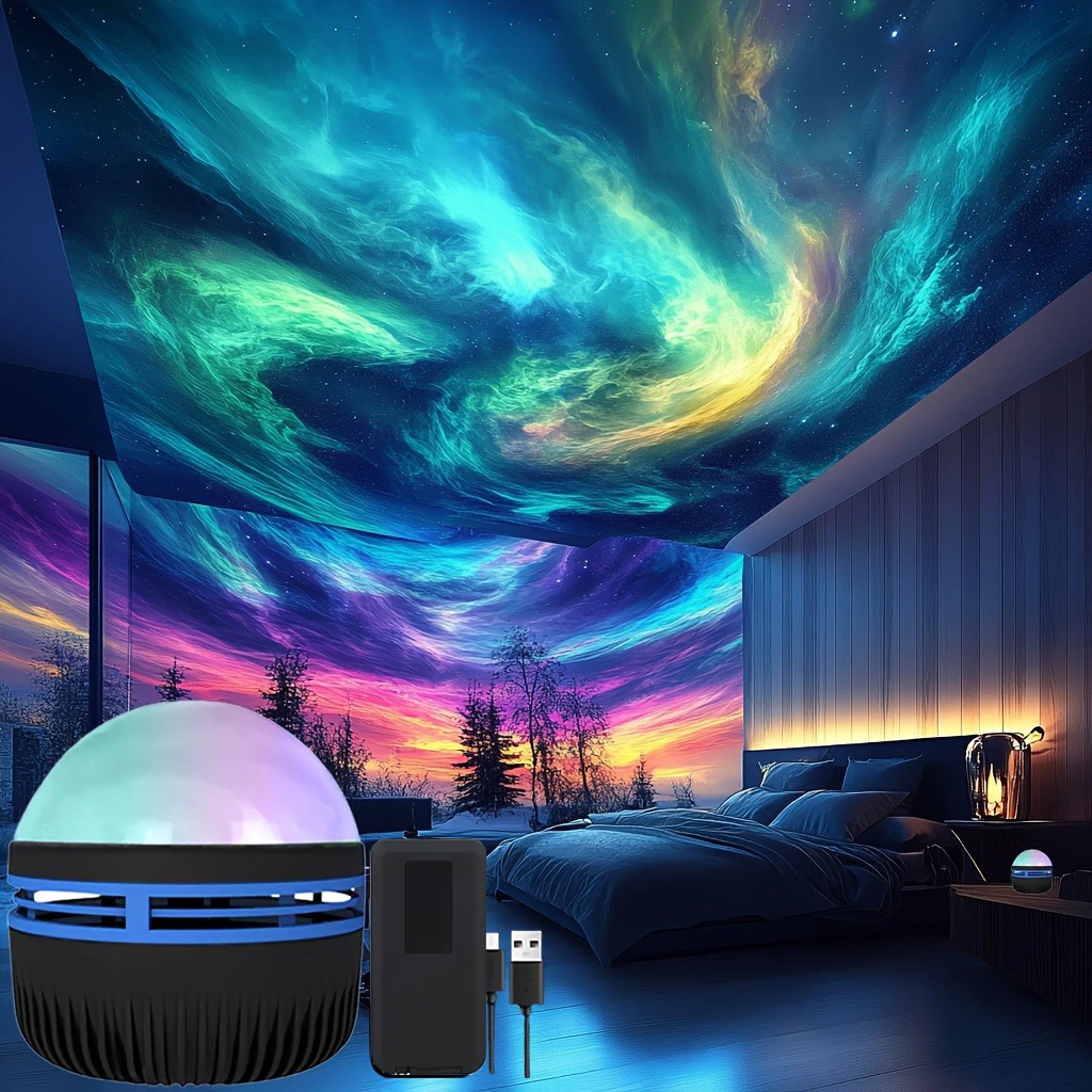 1 szt. Lampa projekcyjna LED ziemskie światła, efekt Aurora Borealis, pilot, zasilanie przez USB, światło zmieniające kolor, do wystroju sypialni
