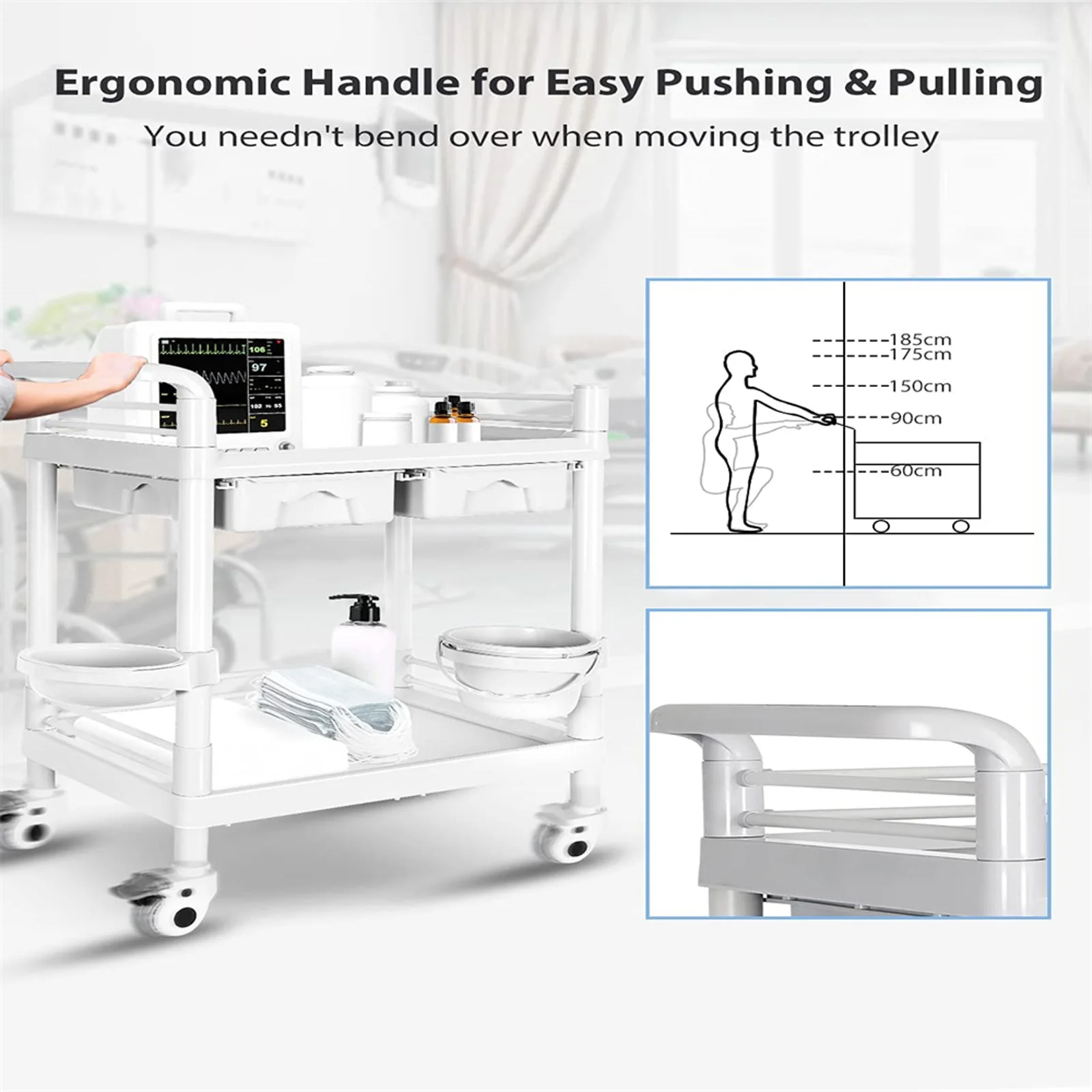 Mobile Trolley Cart, 2 Tier Heavy Duty Rolling Utility Cart with Dirt Bucket, 360° Rotate Wheels Medical Mobile Trolley Cart