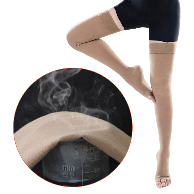 Calcetines de compresión médicos con punta abierta hasta el muslo, protector solar elástico, antideslizante, cuidado del sueño, venas varicosas, curación rápida, 34-46mmHg, 1 par