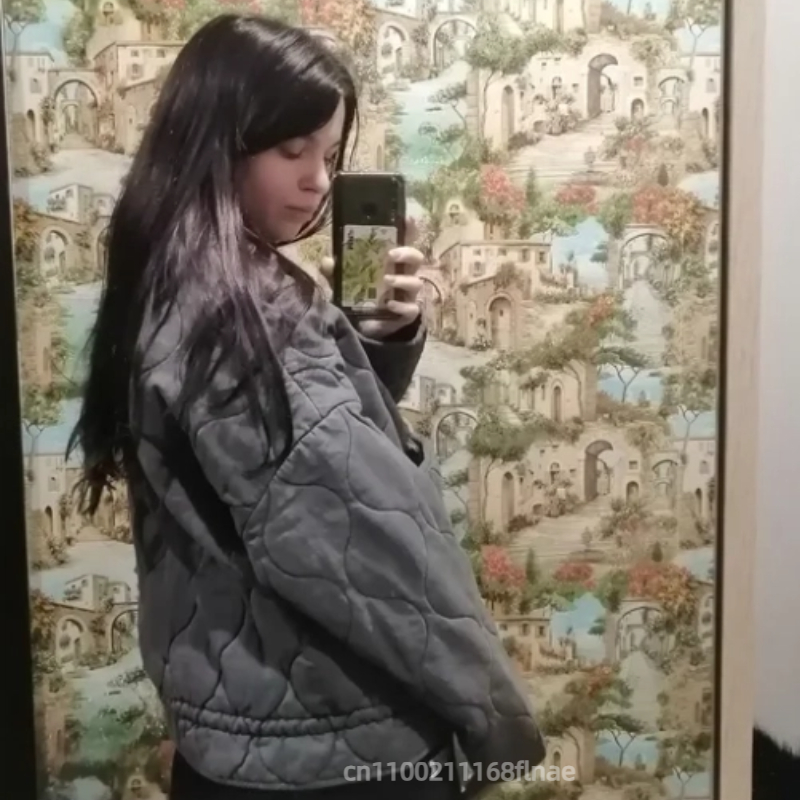 Jaqueta de algodão estilo europeu e americano com gola alta e bolsos soltos, jaqueta de algodão com grade de diamante para mulheres